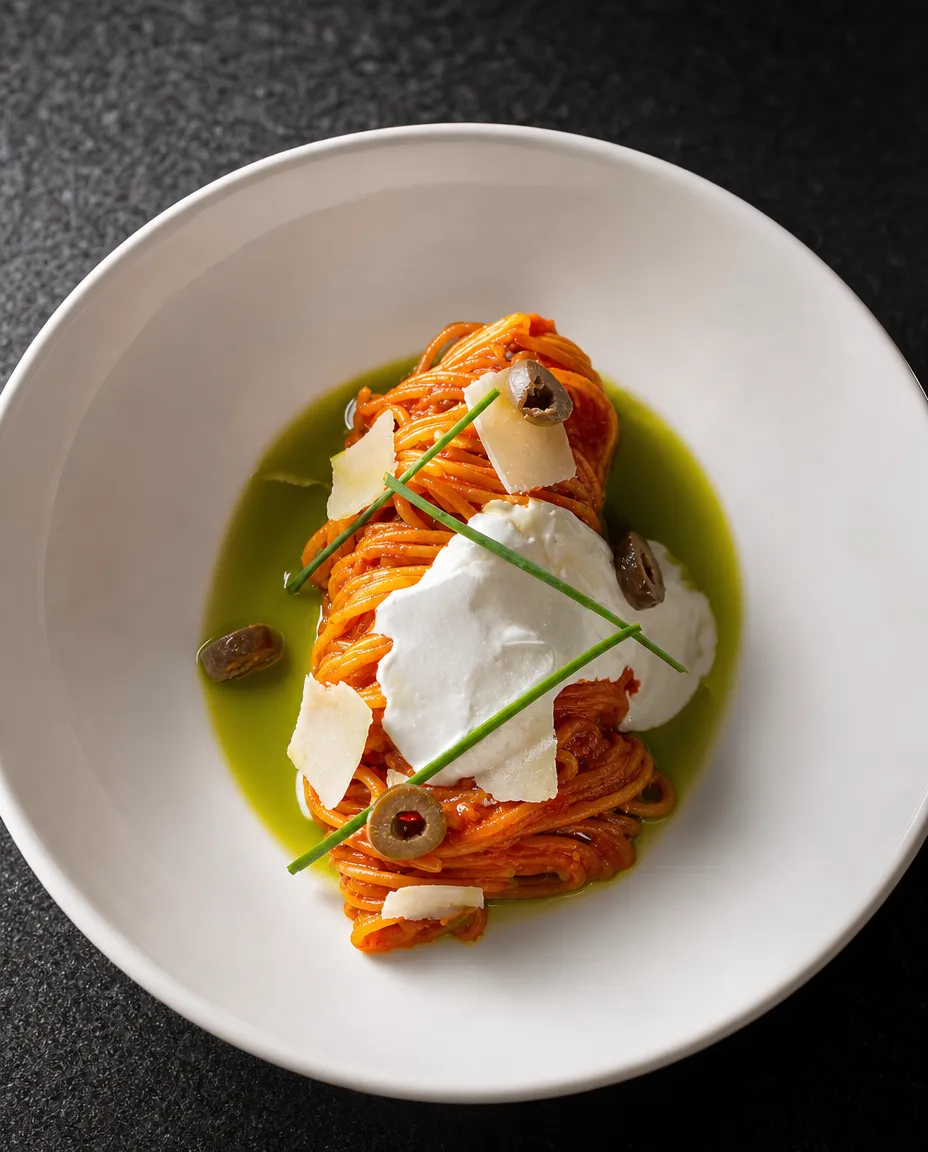Espaguete com molho de tomate e creme de búfala